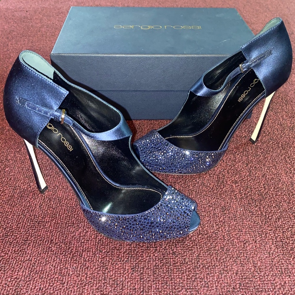 Sergio Rossi Navy Satin Sandals